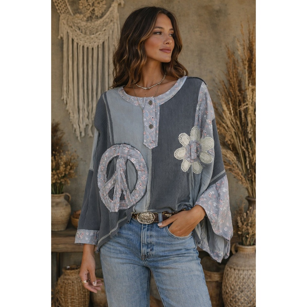 POL waffle knit patchwork top featuring a peace sign and floral emblem